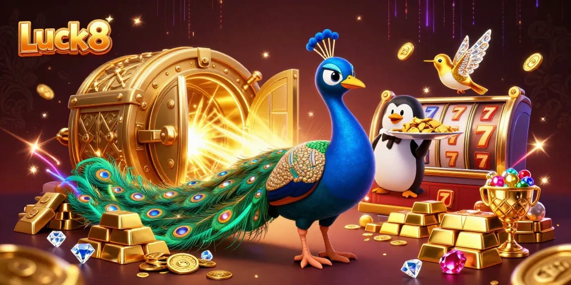 Experience the excitement of Luck8's casino world with vibrant 3D artistry showcasing treasures and joyous characters.