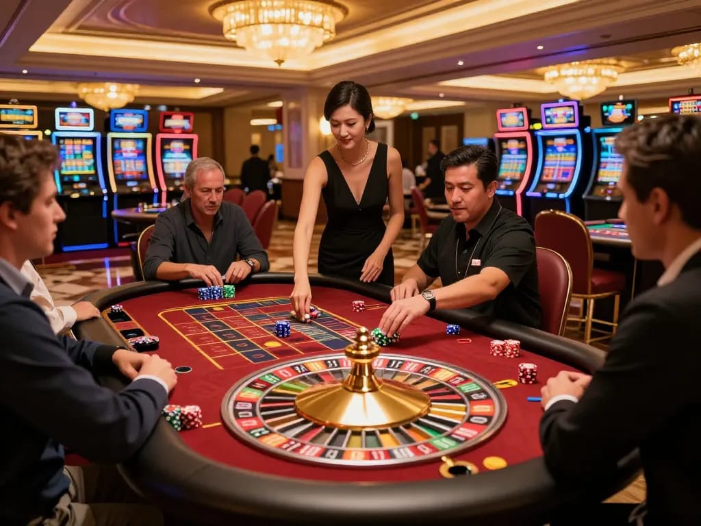 Players at an elegant roulette table engaging in strategic betting at fly88mb casino, capturing the excitement and vibrant atmosphere