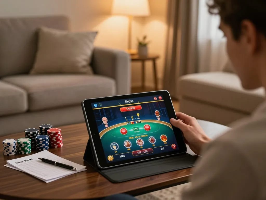 A person using the alev giris interface on a tablet for online gambling in a cozy home setting.