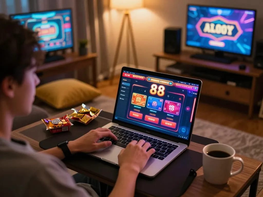 Player enjoying open 88 online casino gaming, showcasing engaging interface and cozy home setup.