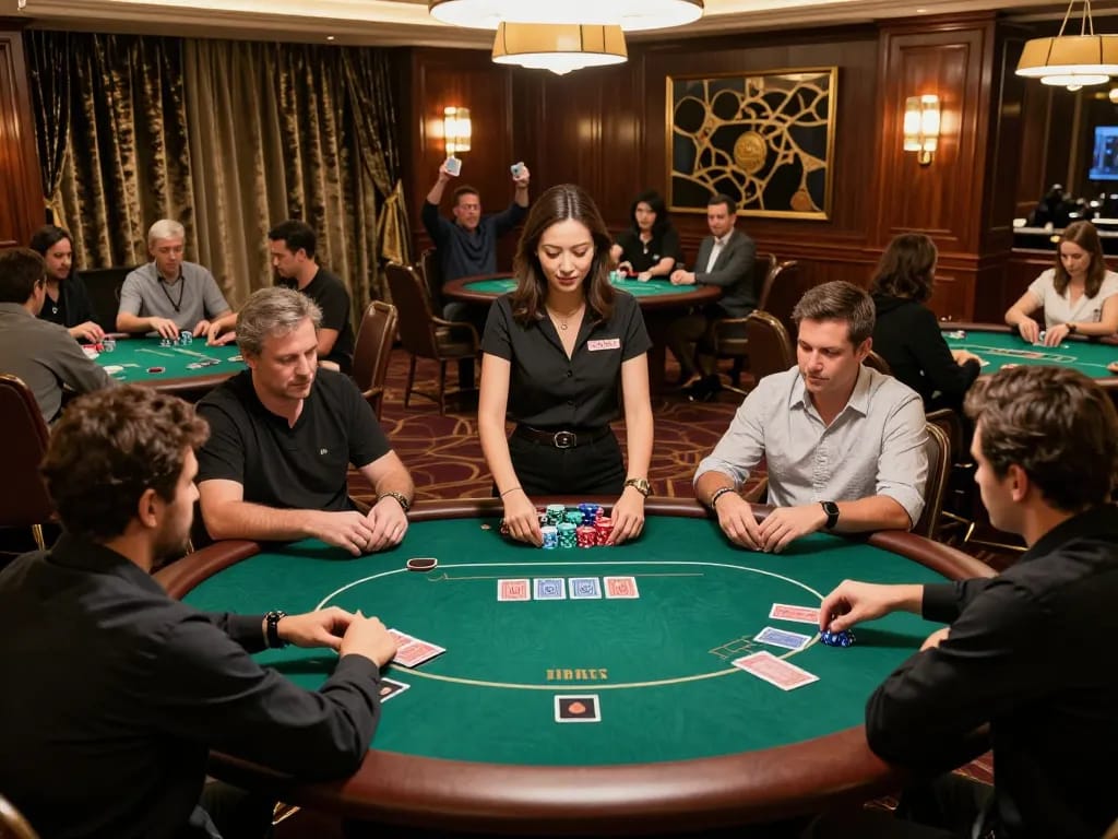 Players enjoying an intense game at LuckyIndex poker table, showcasing strategy and excitement.