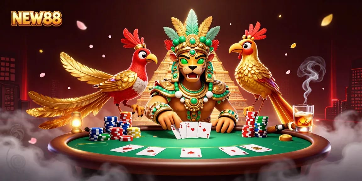Engage with NEW88's gaming extravaganza featuring vibrant characters and rich casino elements.