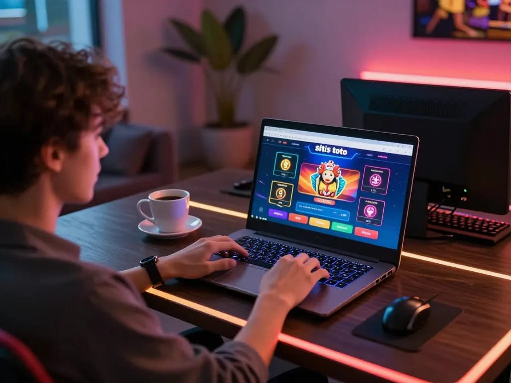 Aksi permainan situs toto yang menunjukkan seorang pemain terlibat dalam sesi taruhan online yang mengasyikkan di laptop.