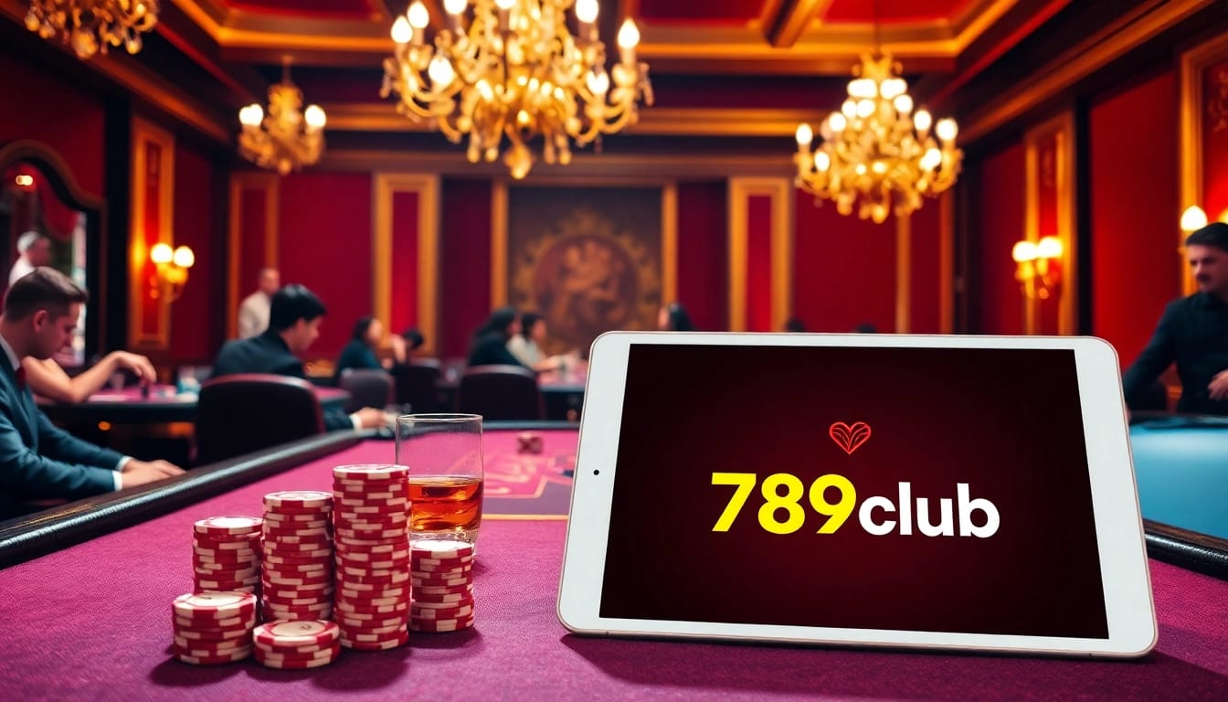Exciting scene of players at a poker table in 789club showcasing high-stakes gambling atmosphere.