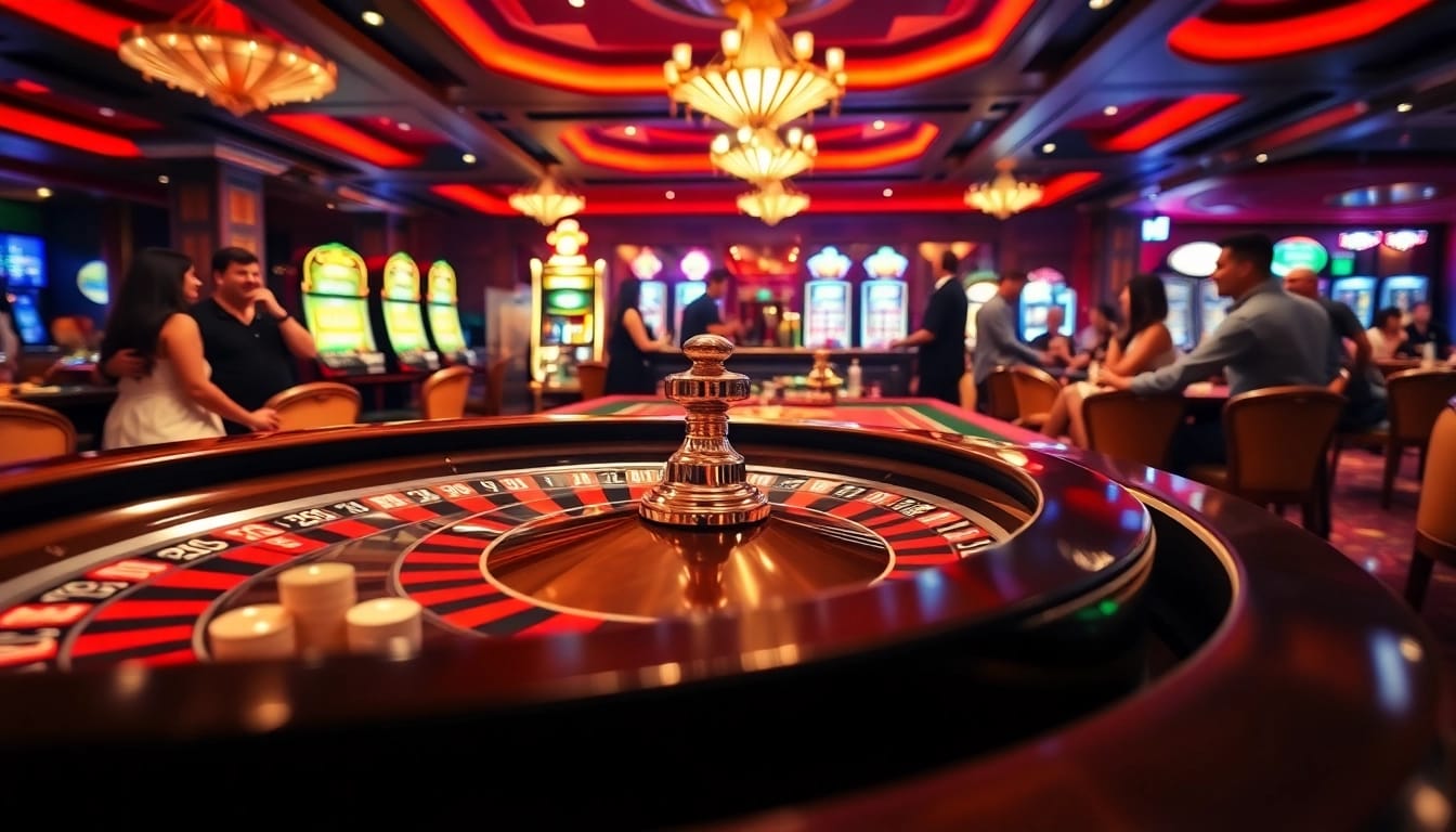 Casino players enjoy an exciting roulette game with colorful chips at a lively table.