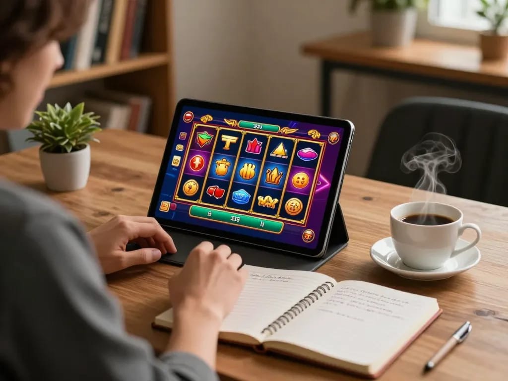 Playing slots on a tablet in a cozy setup with W69 gaming strategies visible