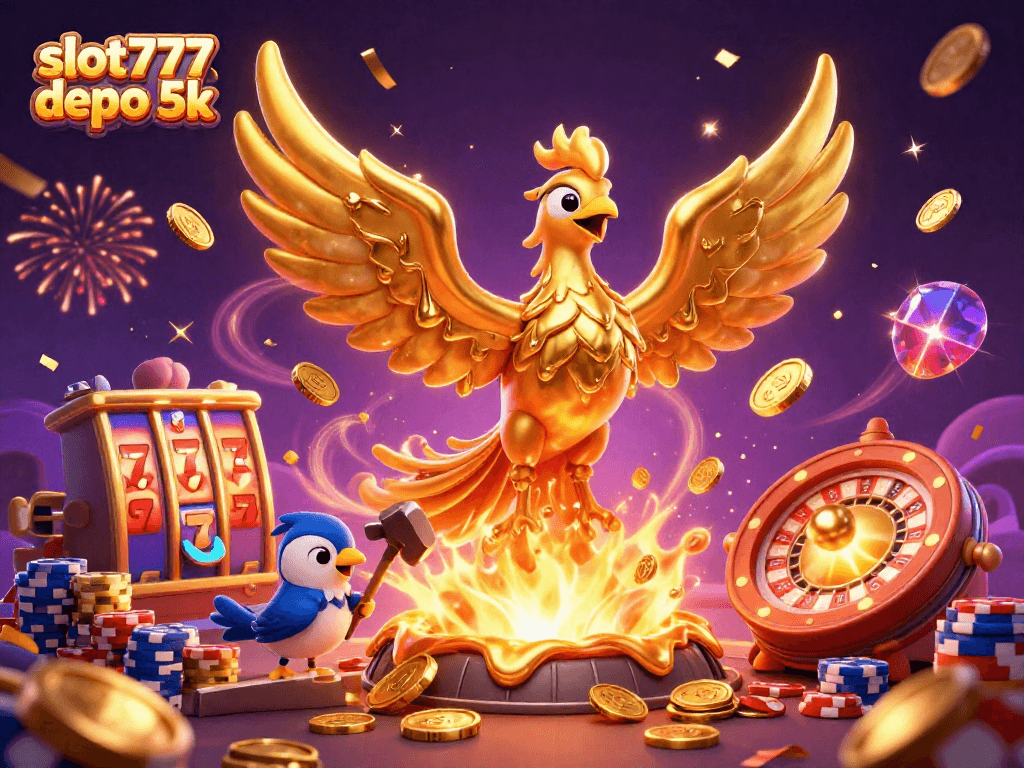 Experience thrilling wins with slot777 depo 5k, featuring a molten golden phoenix and vibrant casino elements.