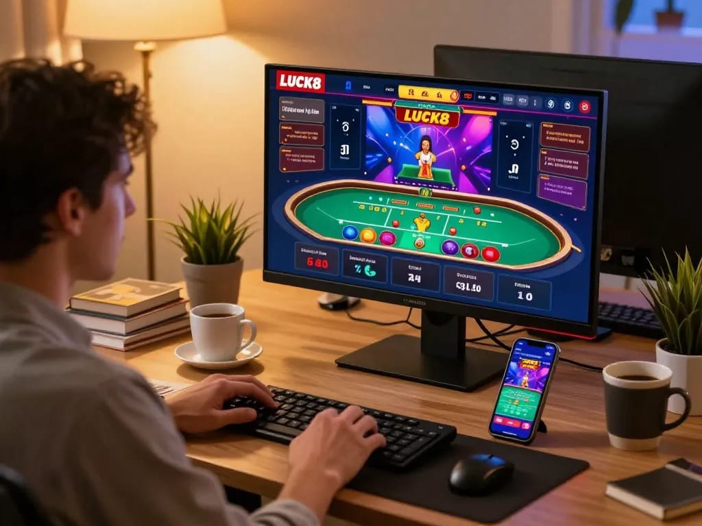 Người dùng tham gia chơi game casino LUCK8 trên nhiều màn hình trong một không gian ấm cúng