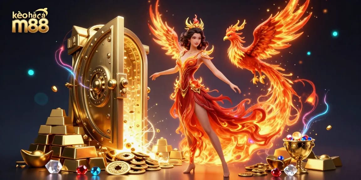 Giao lưu với kèo nhà cái m88 thông qua hình ảnh 3D tuyệt đẹp của một cảnh casino sôi động với kho báu và các yếu tố tươi sáng.