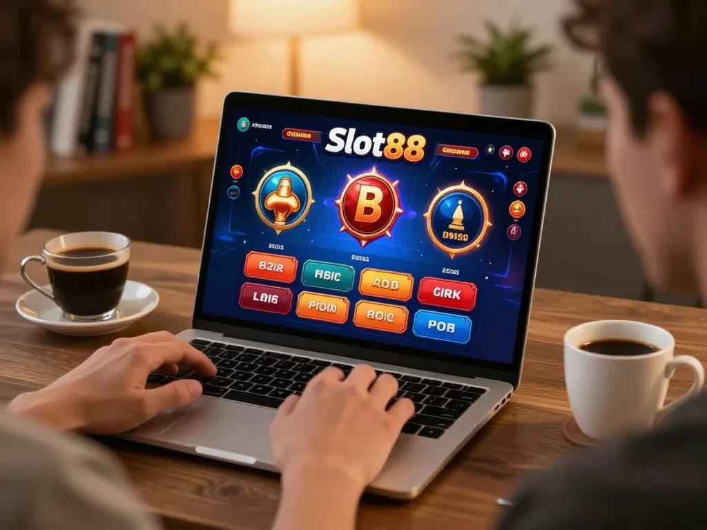 Player engaging in Slot88 gameplay on a laptop in a cozy home setting, highlighting responsible gaming.