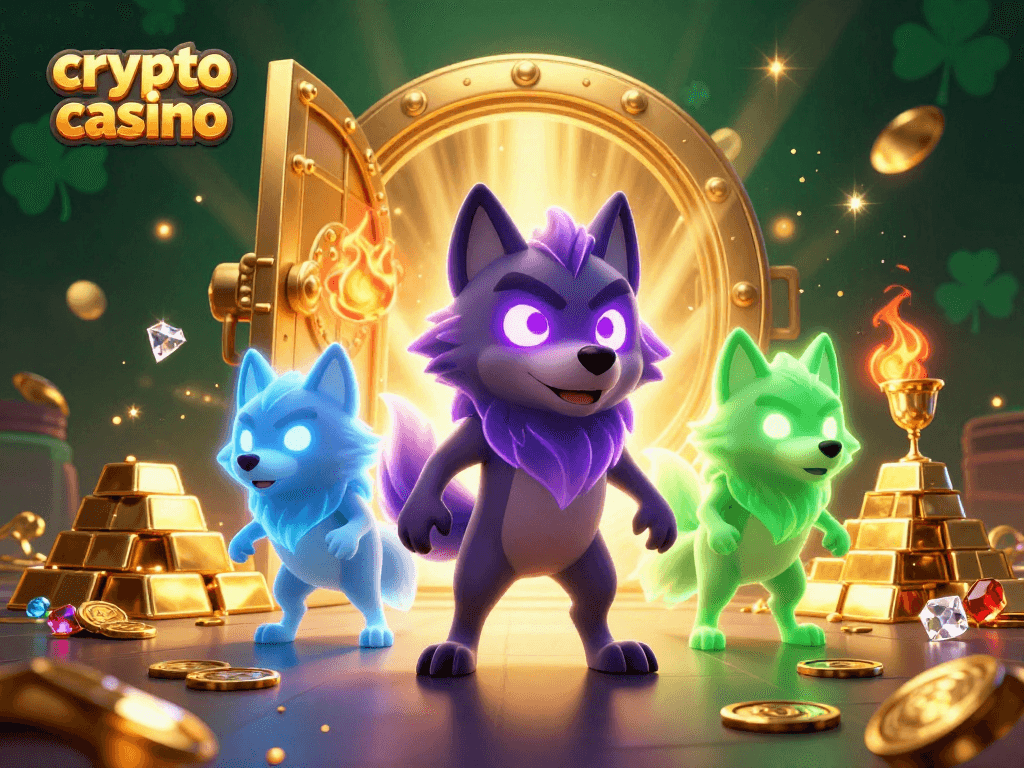 Experience the allure of a crypto casino with glowing wolves and treasure in a vibrant 3D scene.