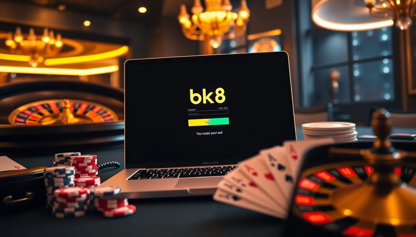 Experience seamless bk8 login at a luxurious casino, enhanced by engaging gaming elements like poker chips and roulette.