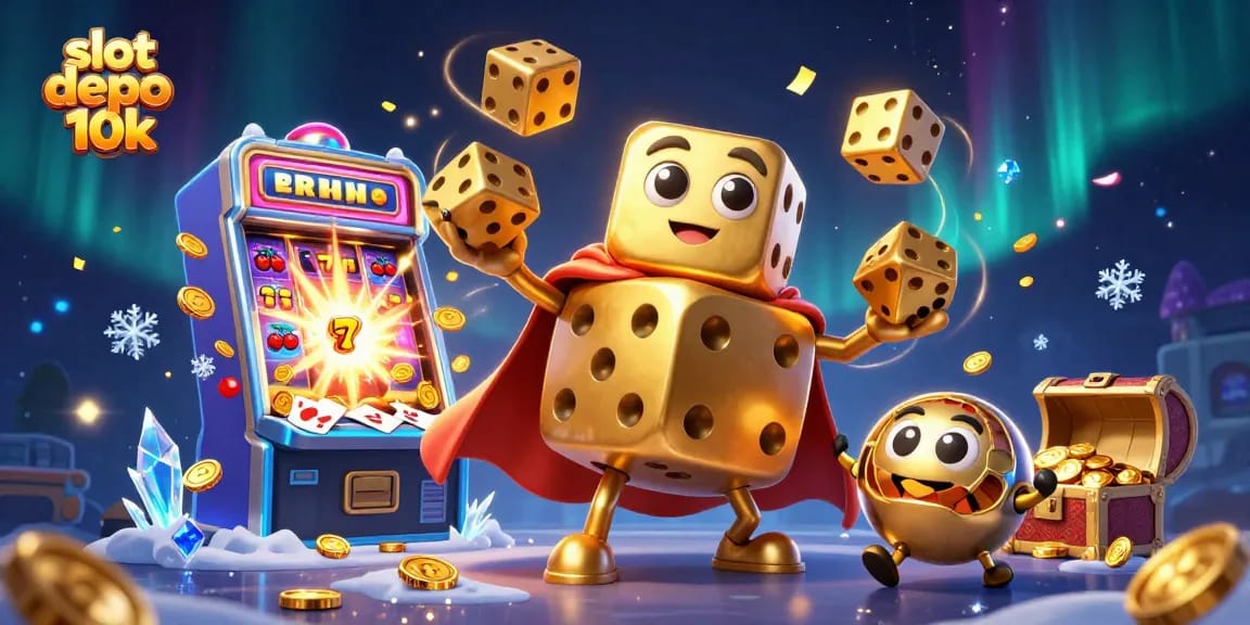 Experience thrilling slot depo 10k action with vibrant 3D illustrations of golden dice and jackpot symbols.