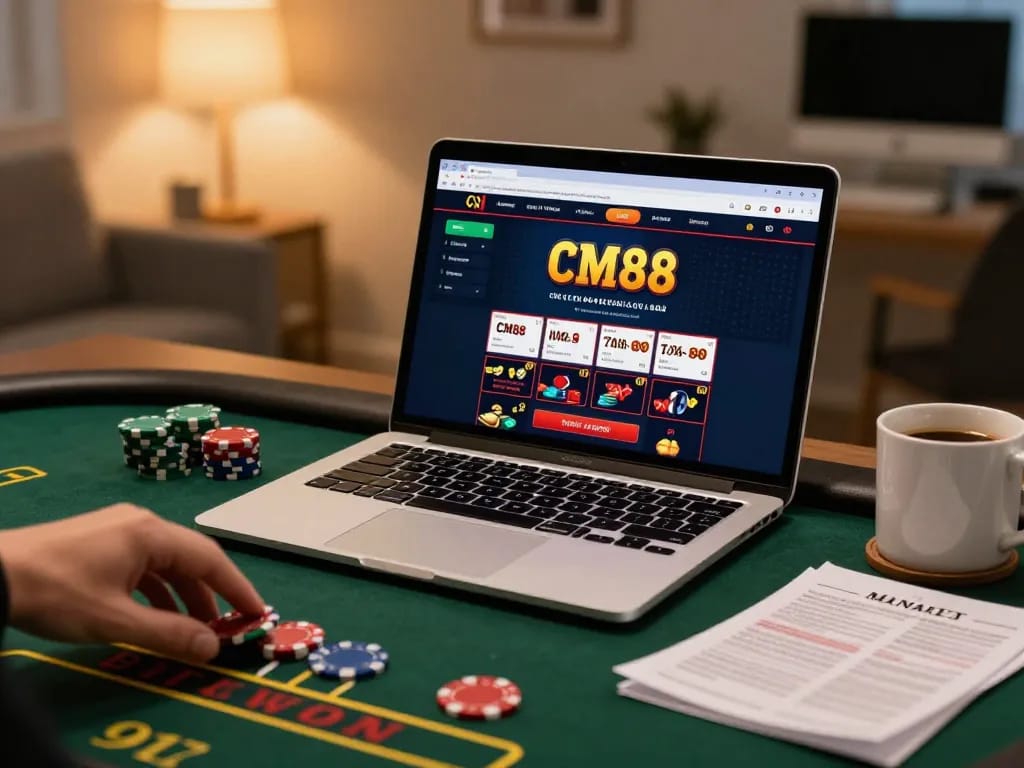 Playing blackjack on CM88 online casino interface using laptop with cozy home atmosphere