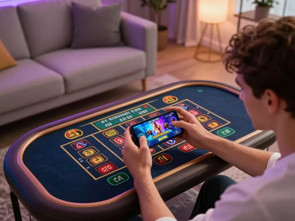 Engaged player betting on okfun com via smartphone in a cozy home setting