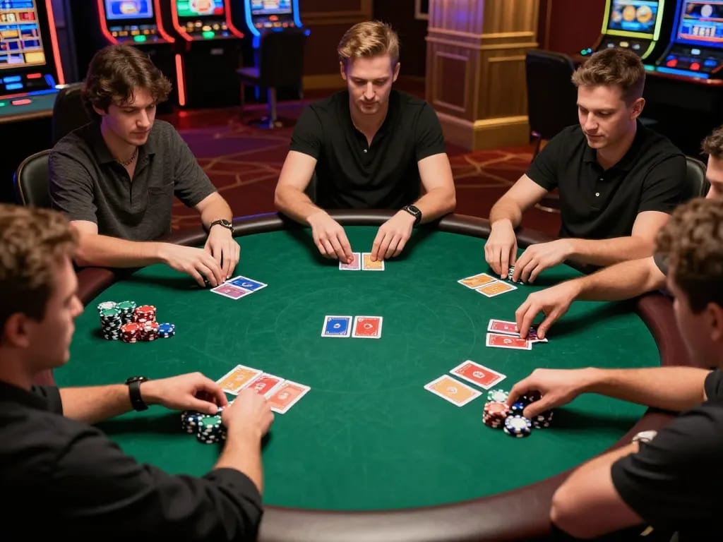 SC88 players strategizing in an immersive poker game at a luxurious casino table.