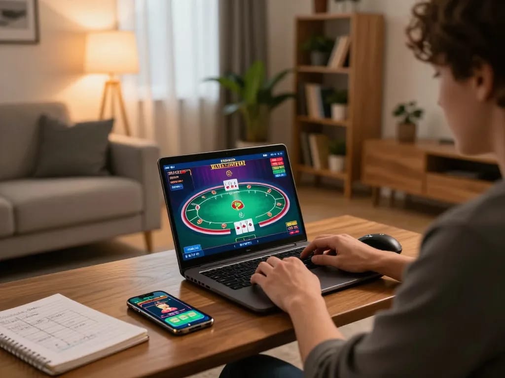 Engaging in online gaming at home with hm 88's platform on display, showcasing a cozy setup with strategy notes.