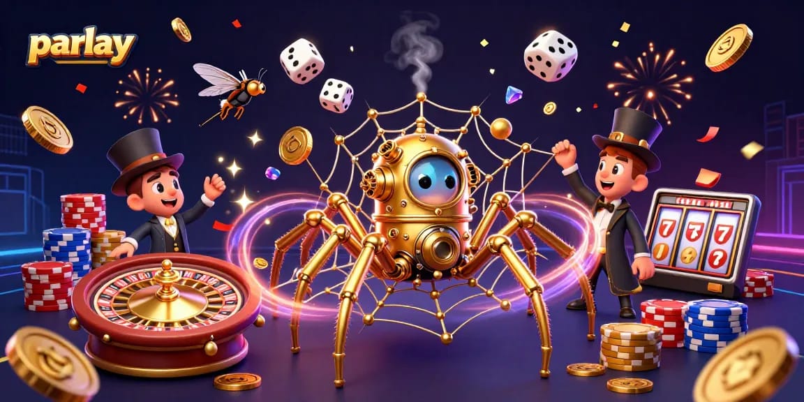 Engage in thrilling parlay bets with golden spider web and Victorian fly in a vibrant casino scene.