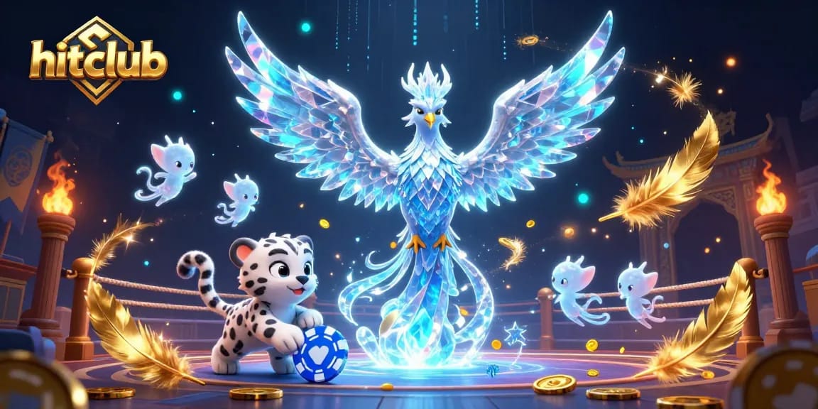 Hitclub showcases a vibrant casino scene with an ice phoenix and glowing sprites engaging in thrilling gameplay.