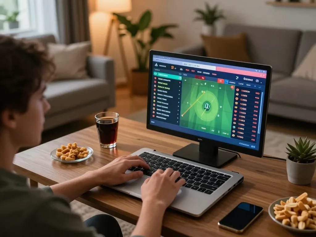 Bong88 user engaged in live sports betting on laptop in modern home setting, showcasing immersive online gambling experience.