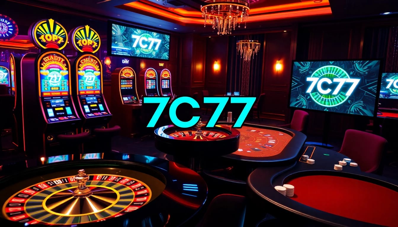 Excited players enjoying games at 7C77 casino, featuring vibrant slot machines and roulette wheels.