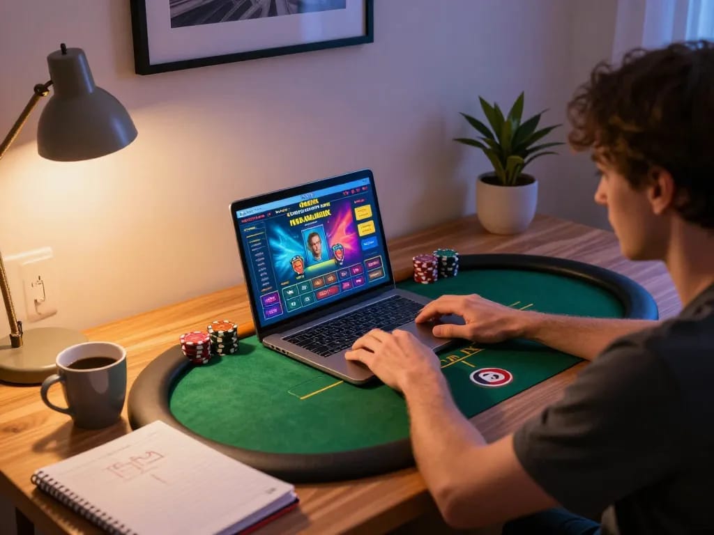Engaged player enjoying online casino games not on gamstop with laptop and strategy notes