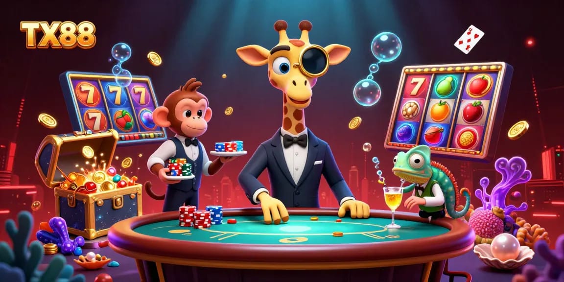 Engage in thrilling casino activity with TX88 as a giraffe high-roller and monkey valet take center stage.