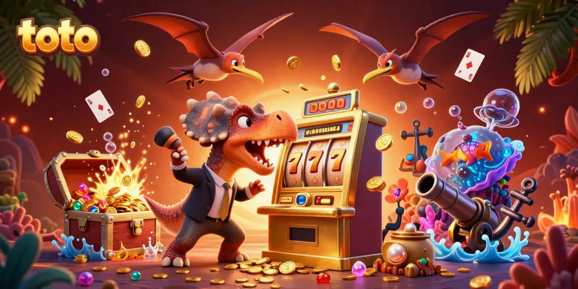 Engaging scene of a pachycephalosaurus winning jackpot coins at a slot machine at toto casino.