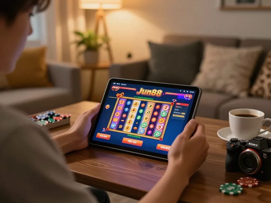 Player enjoying Jun88's online slot game on a tablet at home with coffee.