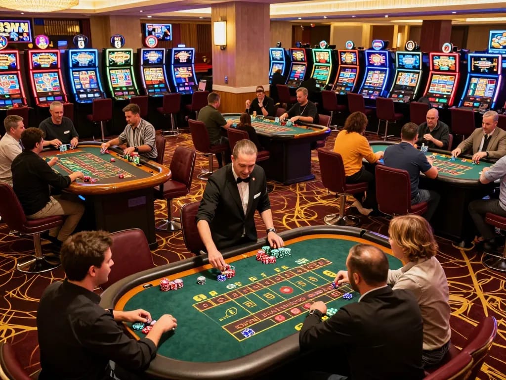 Engaging gameplay at a 23win casino, showcasing vibrant roulette tables with enthusiastic players.