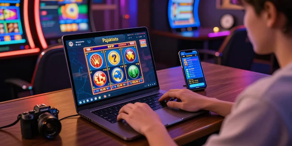 Pajaktoto RTP online gaming atmosphere with player engaged on laptop, colorful slot graphics visible.