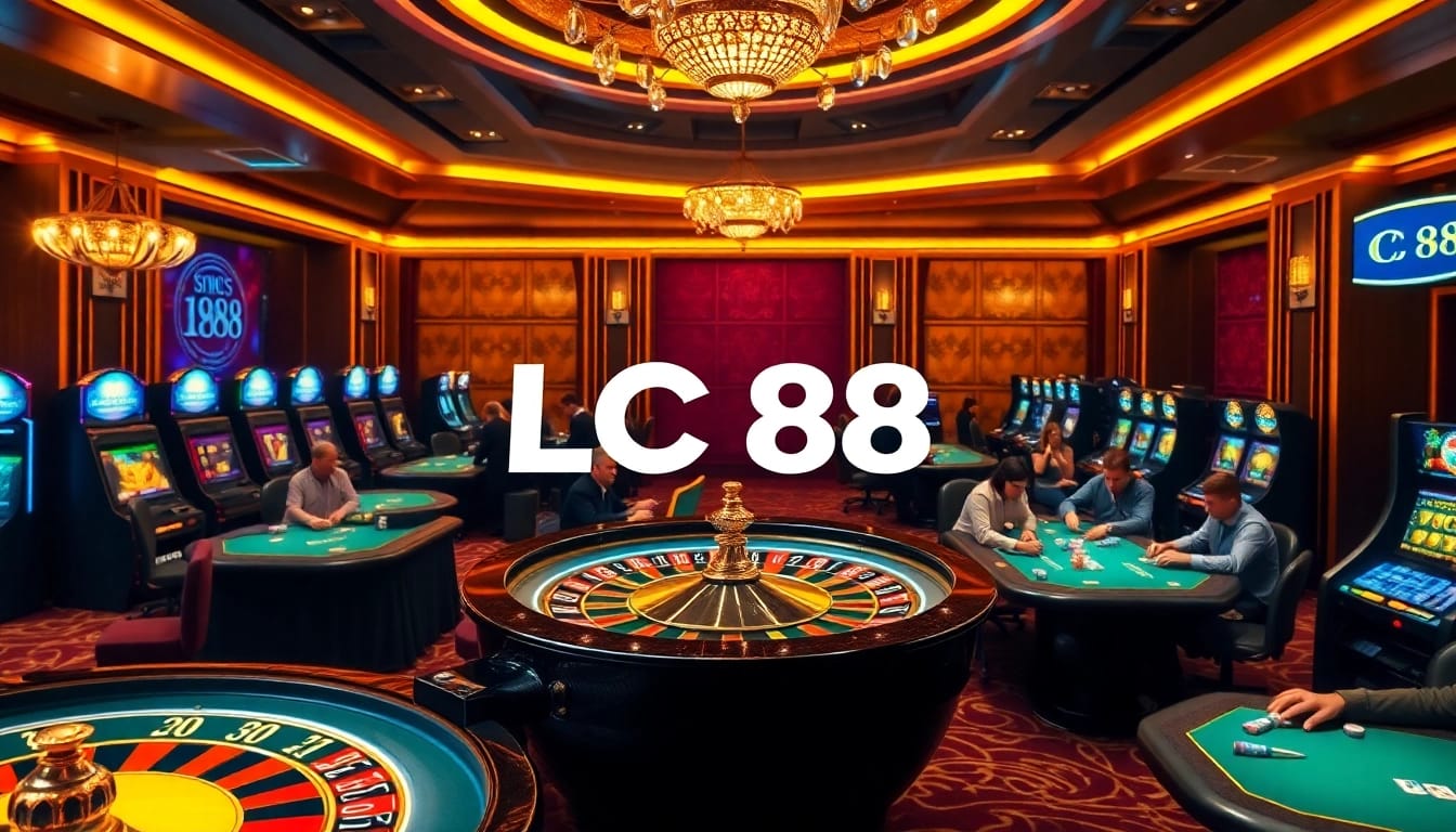 Experience the excitement of LC88 in a luxurious casino setting with active game tables and vibrant slot machines.
