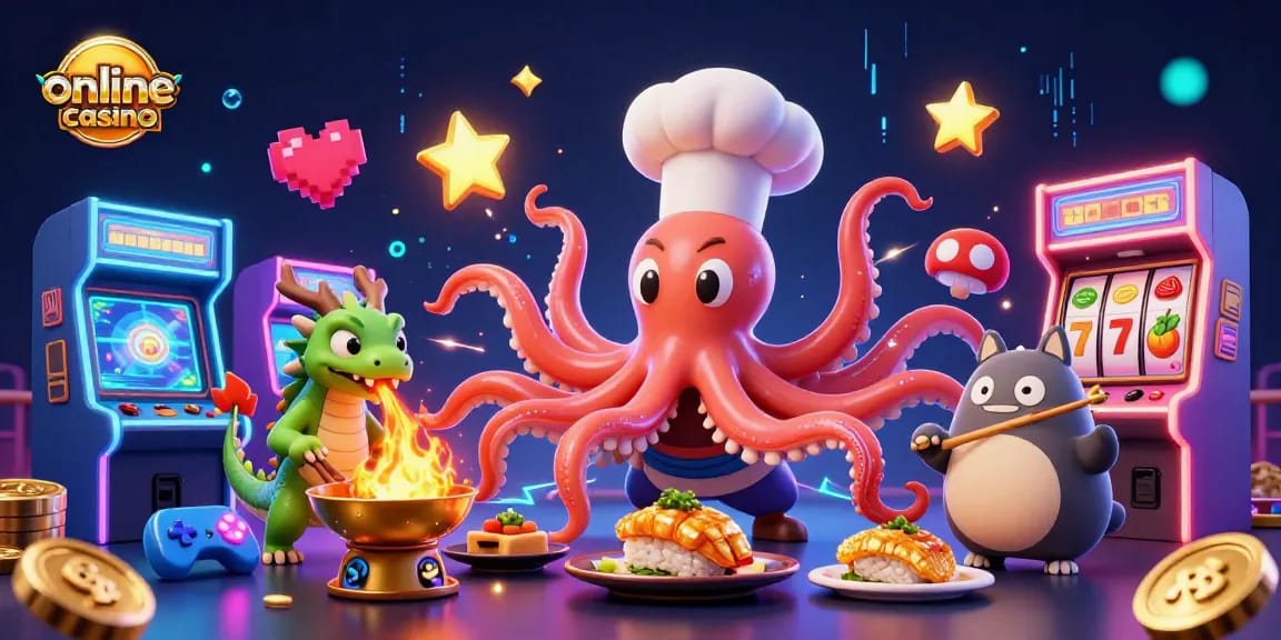 Engaging online casino scene showcasing a sushi chef octopus, dragon, and tanuki amid vibrant arcade elements.