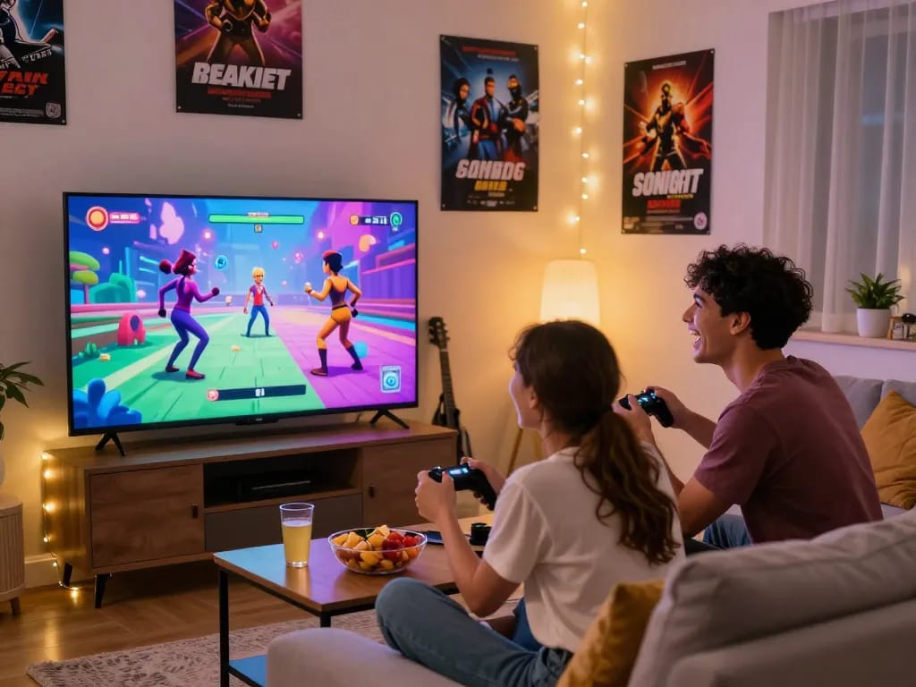 Couple playing a sex game on a TV together in a cozy living room during gaming night.