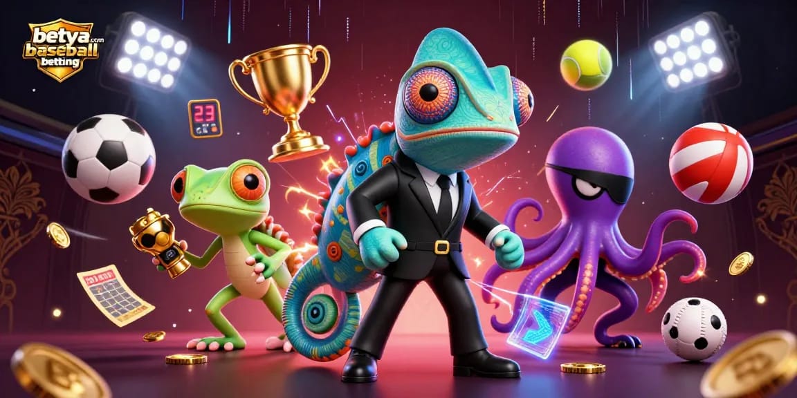 Engage with betya.com baseball betting through dynamic visuals of sports betting elements and characters.