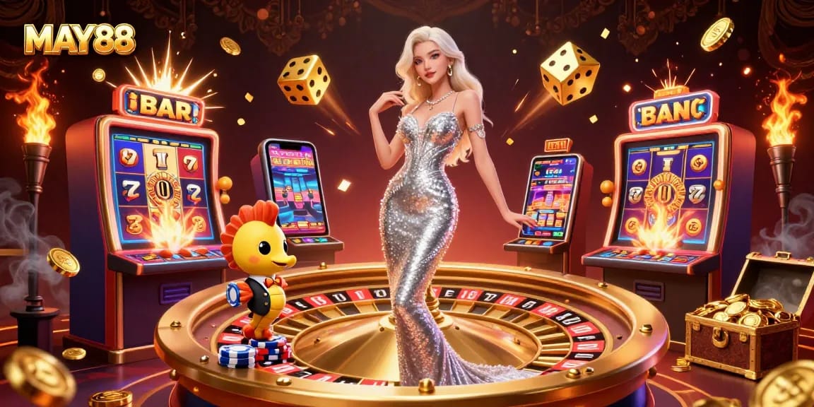 MAY88 creates excitement with a glamorous casino scene featuring a woman, roulette wheel, and lively slot elements.