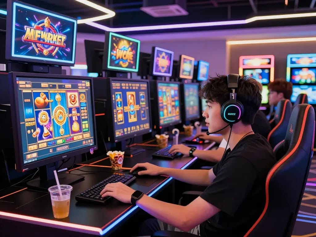 Excited player engaging with link gacor in vibrant online gaming environment.