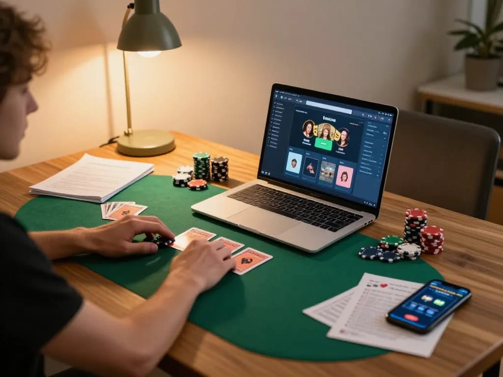 Engaging in online poker at home, nk88 win showcased with strategic gameplay and comfortable setting