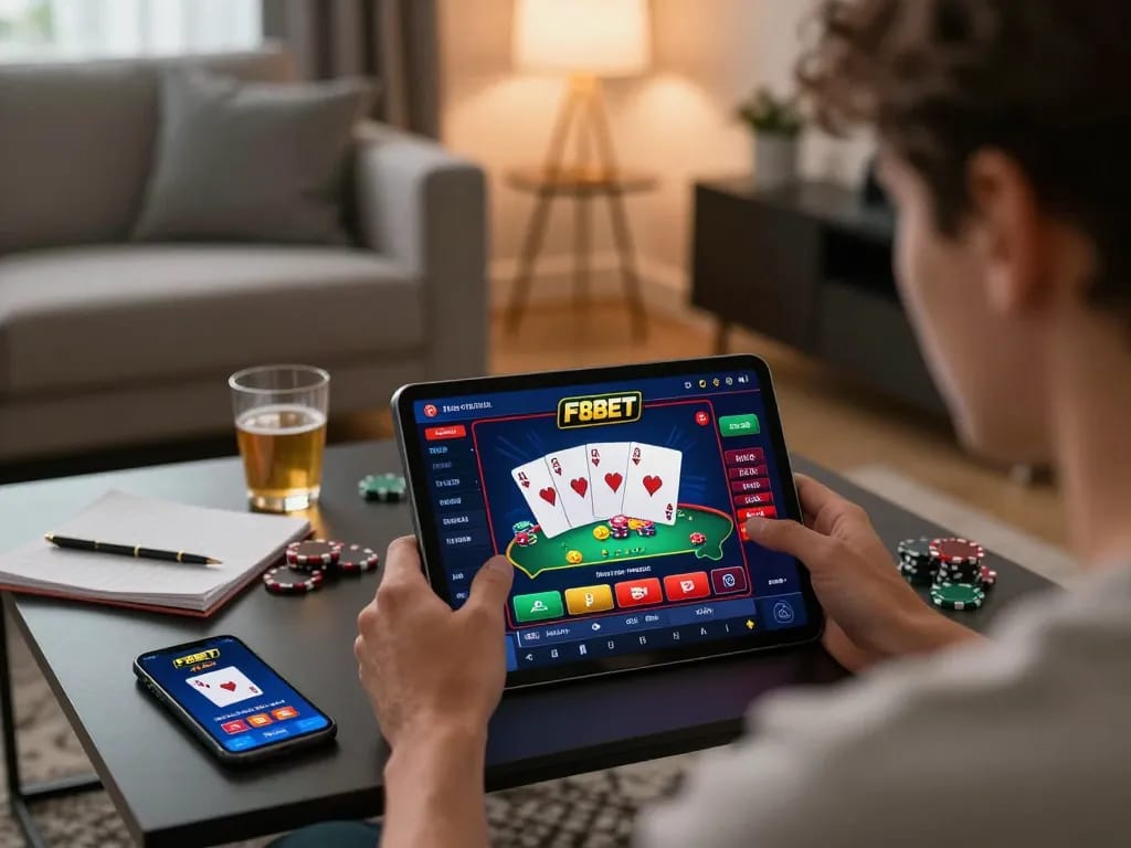 Player engaging in strategic gaming on F8BET app on tablet, cozy home setting with notes and ambient lighting.