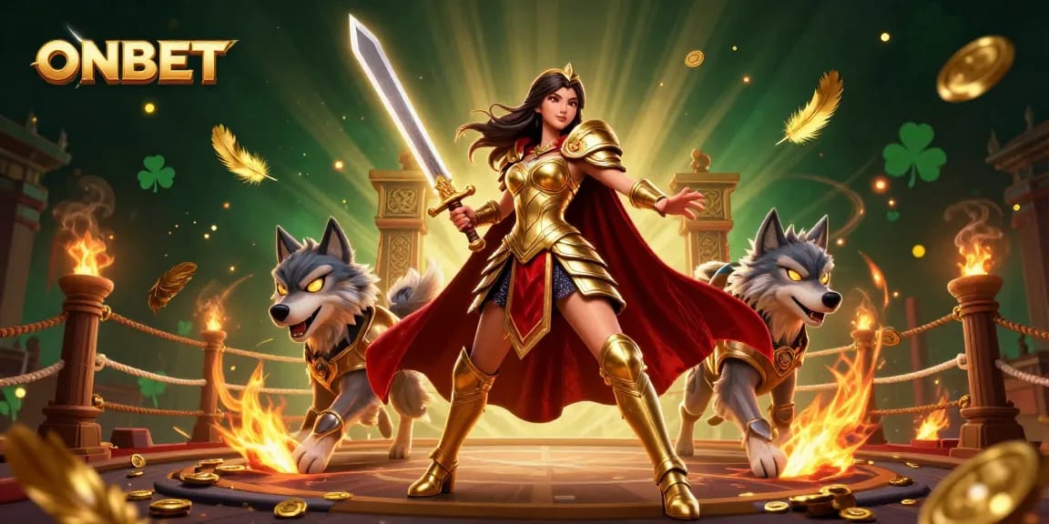 Engage in thrilling adventures with ONBET as a warrior queen in a dynamic casino realm.