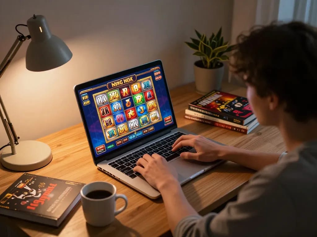 Nổ hũ player engaging on laptop with colorful game interface in cozy home setting