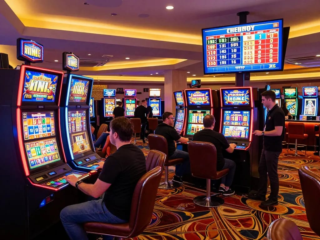 Pemain yang terlibat menikmati mesin link slot di kasino yang penuh warna.