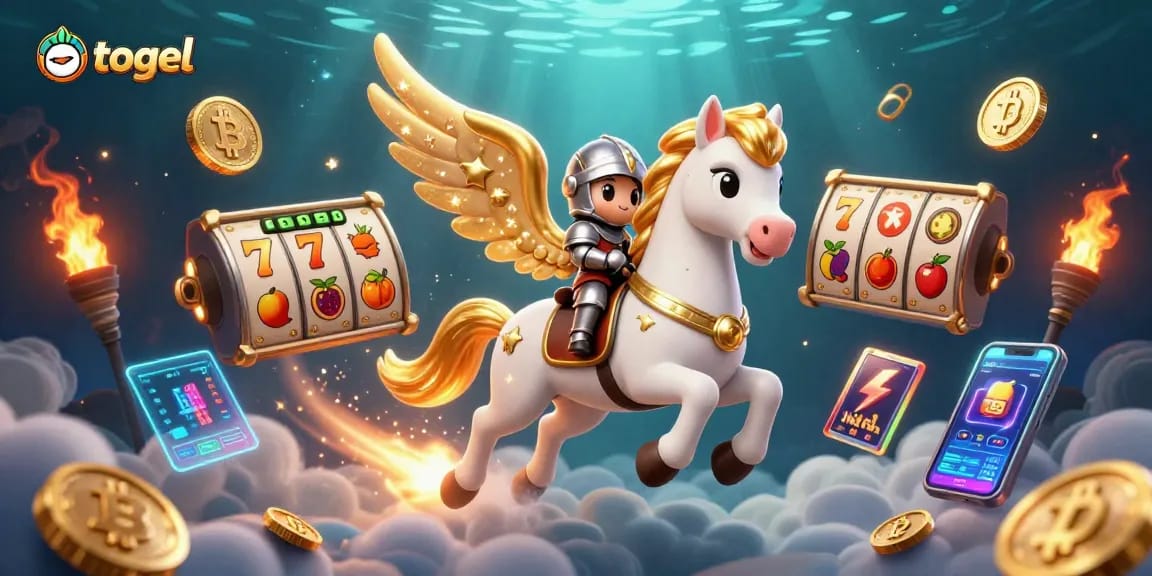 Toto togel game features a celestial horse and knight in a vibrant, dynamic casino scene.