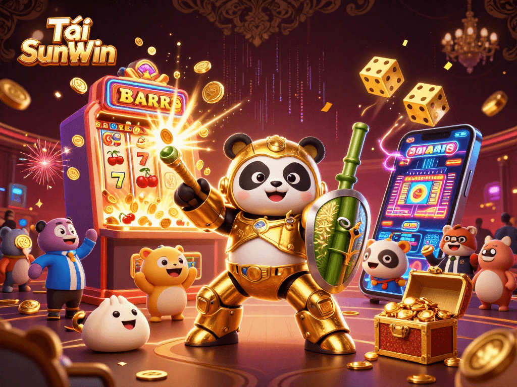 Tải SunWin attracts gamers with a vibrant 3D panda mech battling in a joyful casino scene.