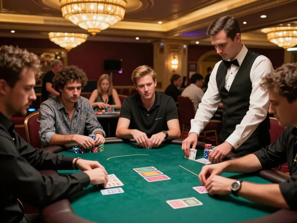 Players engaged in a high-stakes poker game at a luxurious casino table with 789bet chips stacked, showcasing intense concentration and action.