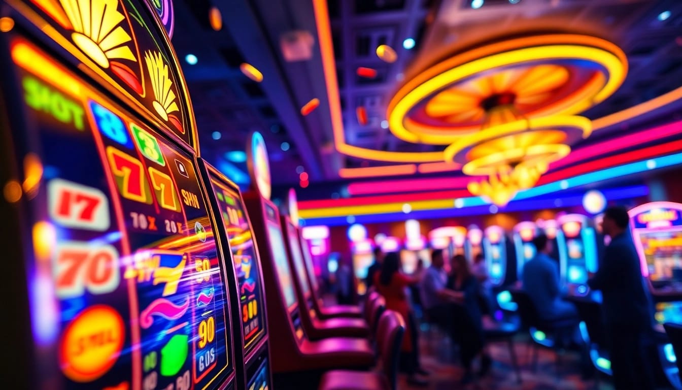 Slot Game yang menampilkan mesin slot berwarna cerah dengan pemain yang bersenang-senang.