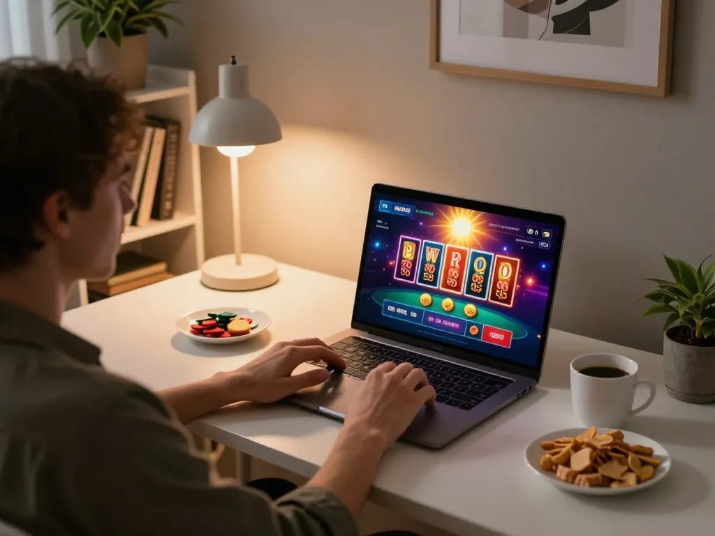 Playing sun win online casino game on a laptop in a cozy home office setup