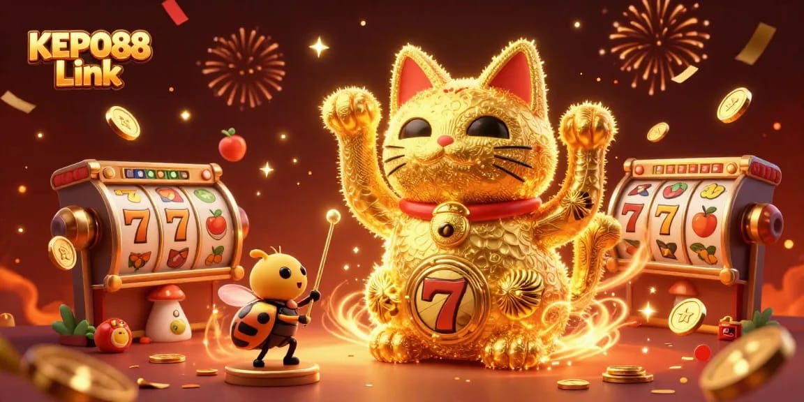 Activate winning spins with KEPO88 Link, featuring a lucky cat crafted from golden fireflies amidst vibrant casino symbols.