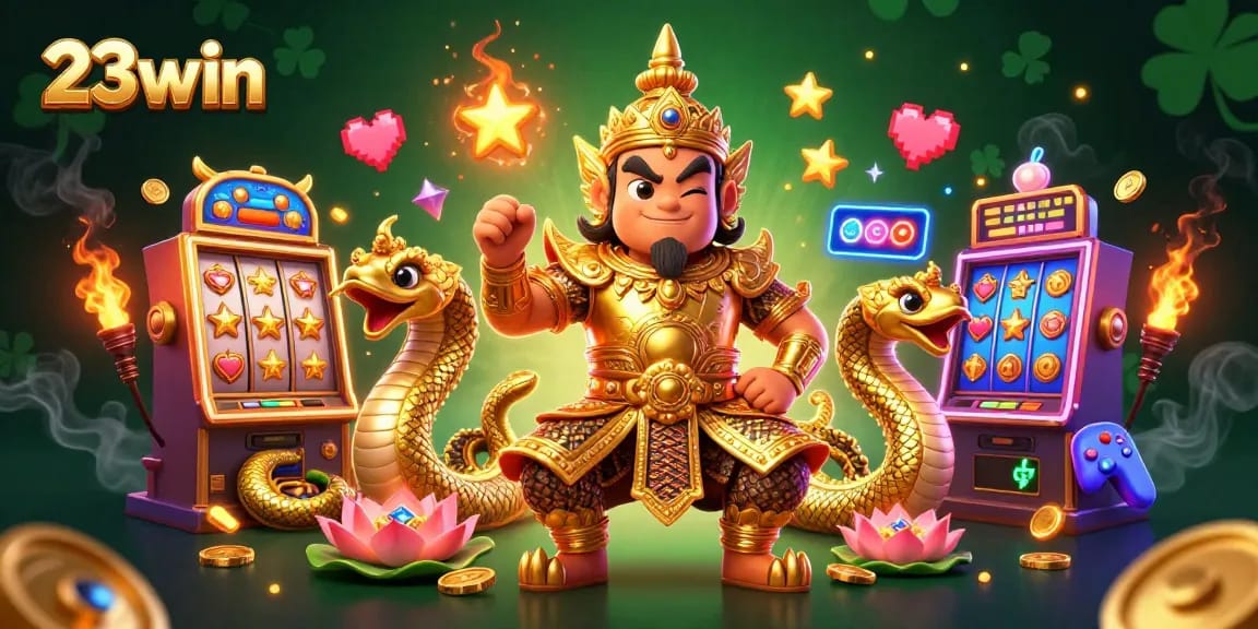 Experience exciting gameplay at 23win with colorful slot machines, Naga serpents, and intense atmosphere.