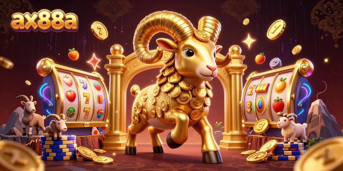 Engage with ax88a's thrilling slot reels, golden ram, and vibrant jackpot symbols in this immersive casino scene.